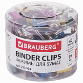 Зажимы для бумаг BRAUBERG, комплект 40 шт., 19 мм, на 60 л., цвет металлик, в пластиковом цилиндре, 223504